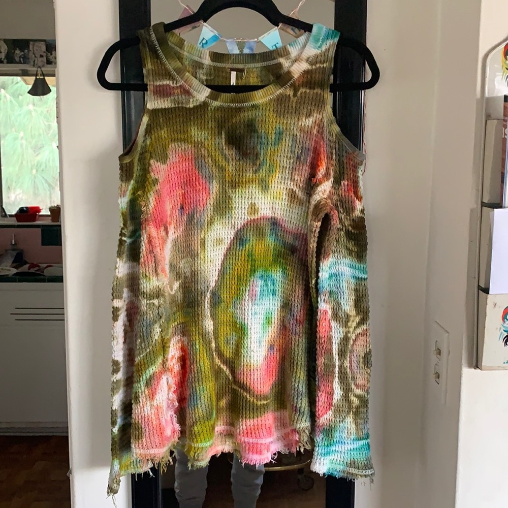 Free people cold shoulder waffle knit long sleeve Henley, ice tie dye